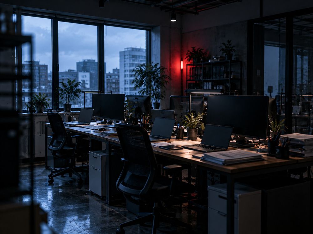 照明を落とした夜の小規模オフィス。デスクにPCが並ぶ