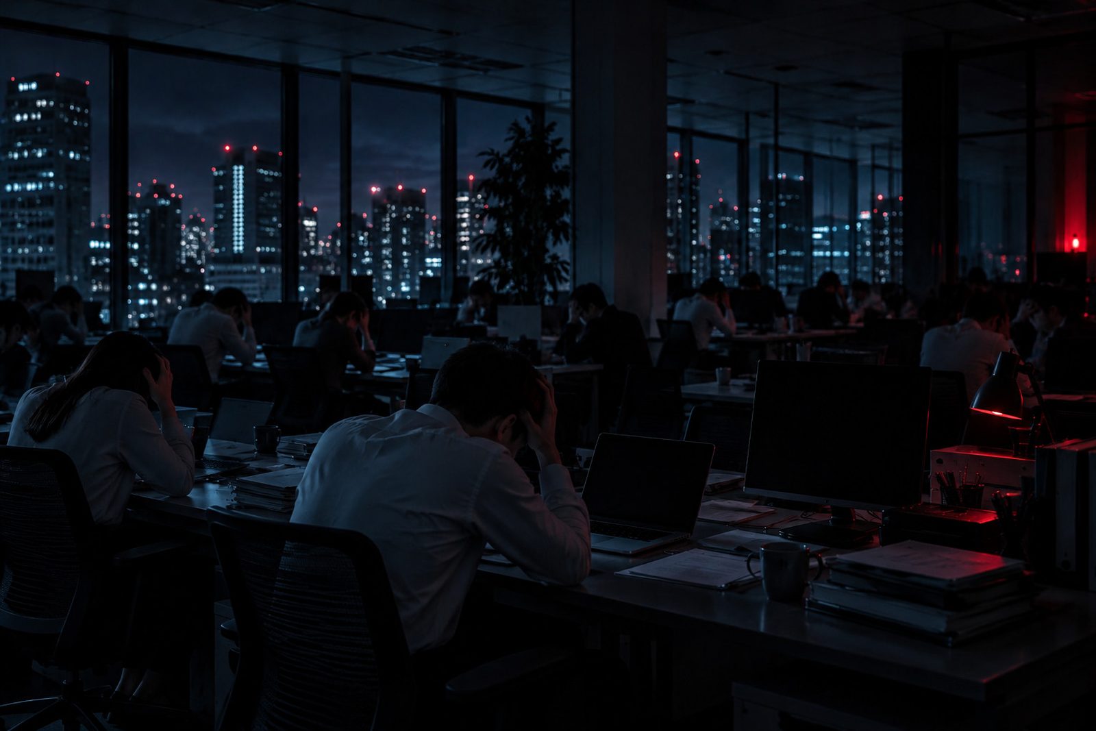 照明の落ちた夜のオフィスで、頭を抱えて席に着く社員たち